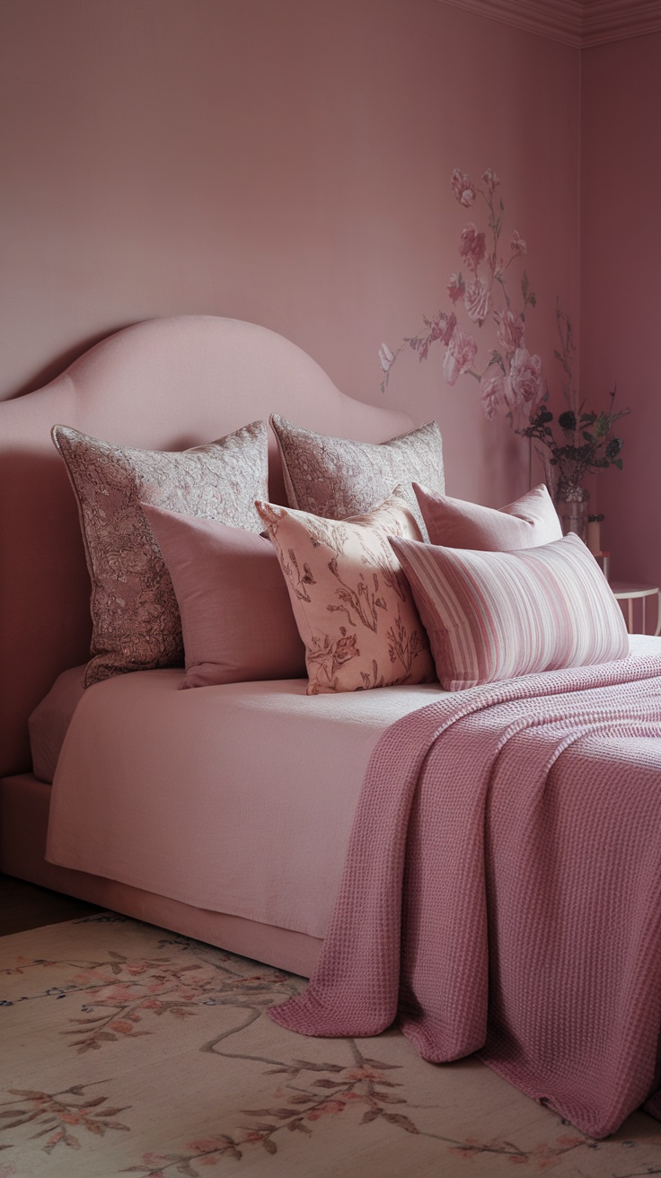 A dusty pink bedroom with a bed covered in various pink and neutral pillows, creating a cozy atmosphere.