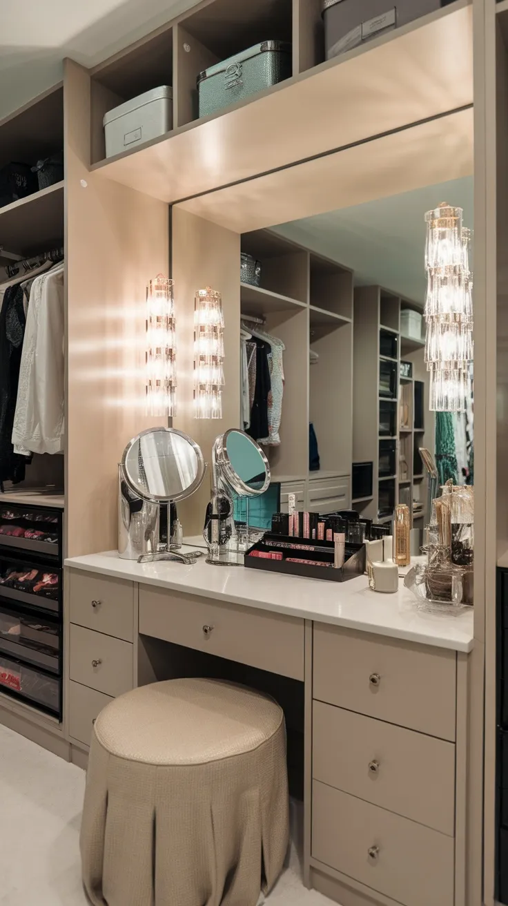 A built-in vanity inside a closet with a stylish mirror, storage, and makeup items.