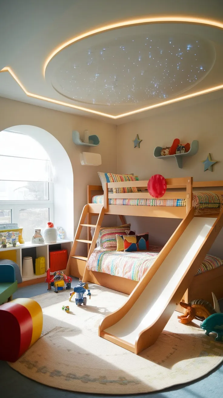A colorful boys' bedroom featuring a bunk bed with a slide, playful decor, and a bright atmosphere.