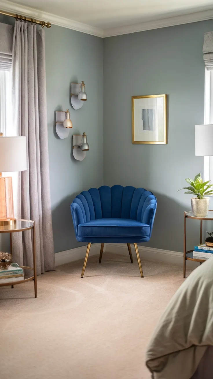 A blue chair with gold legs in a stylish bedroom corner.