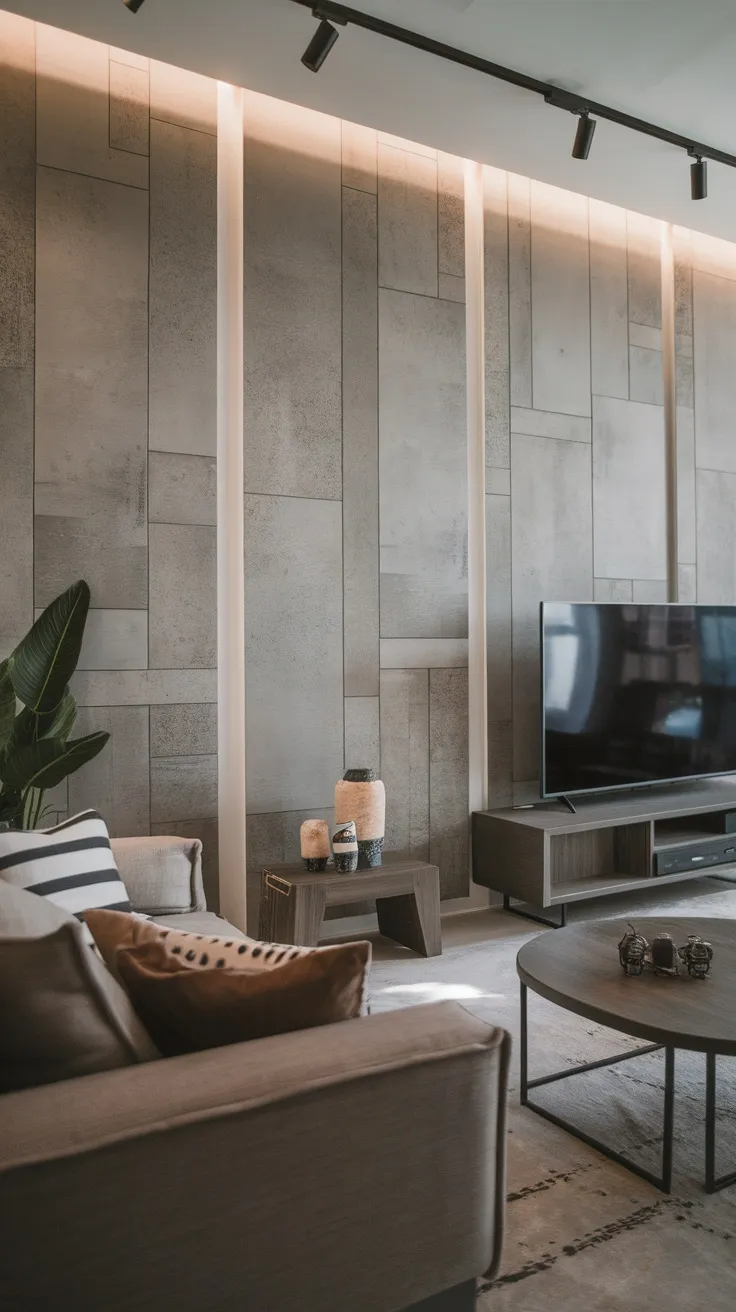 A sleek living room featuring a concrete-look wall panel with warm lighting above and modern furniture.