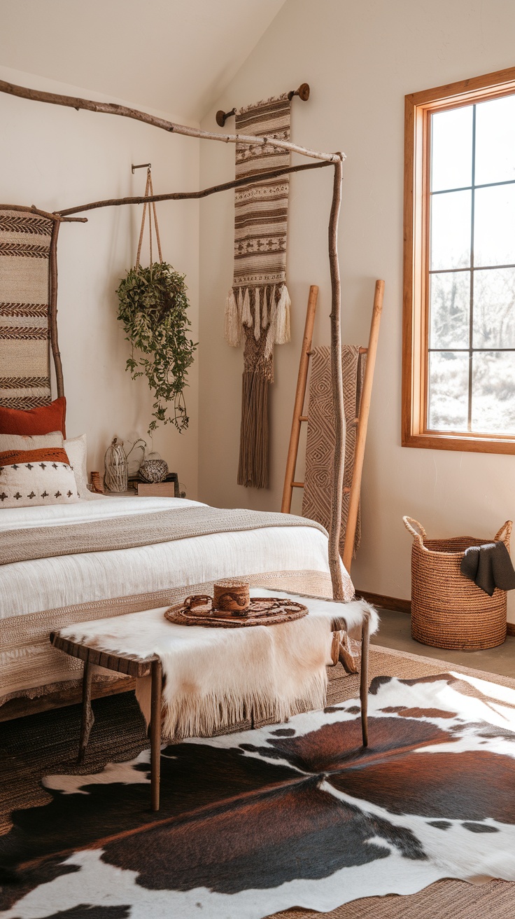 A cozy bedroom featuring a cowhide rug under a wooden table, decorated with earthy tones and boho elements.