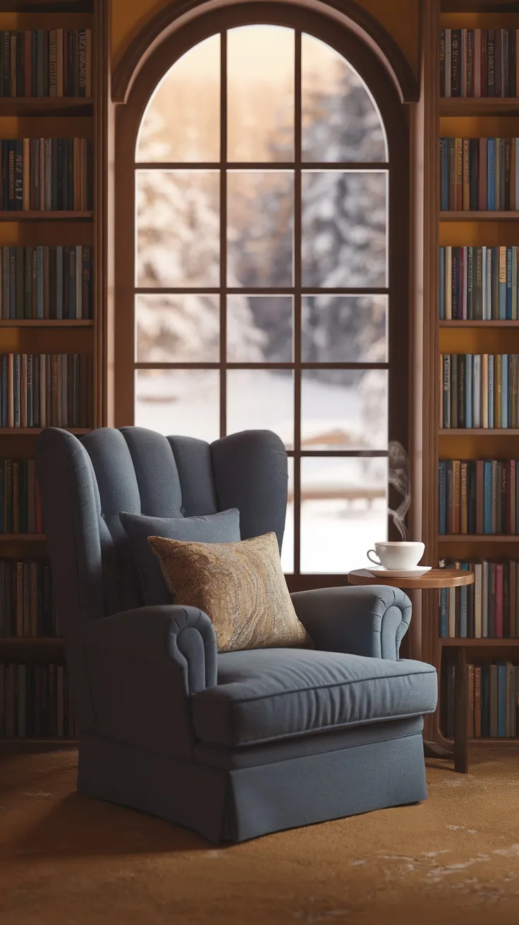 A cozy reading nook featuring a comfy blue chair, a small table with a steaming cup, and bookshelves filled with books, viewed through a large window with a snowy outdoor scene.