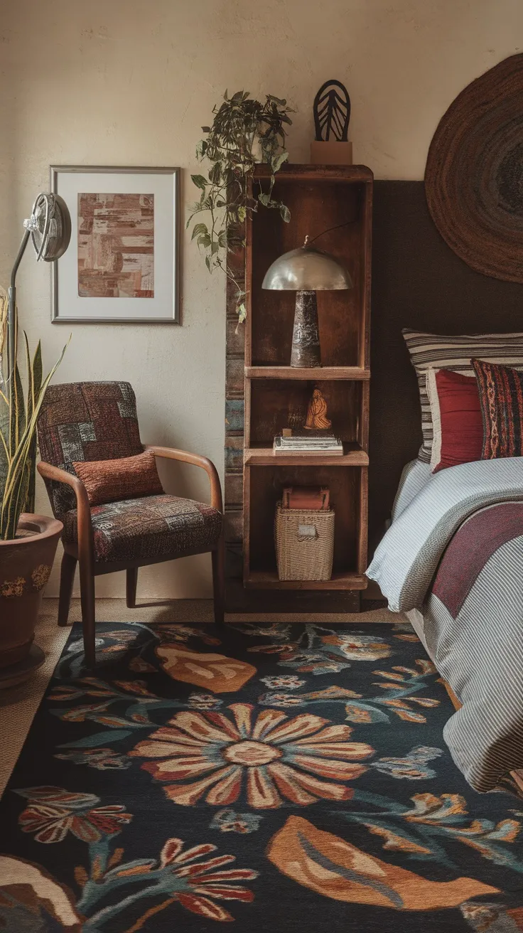 A cozy bedroom featuring a dark floral rug, wooden furniture, and a plant.