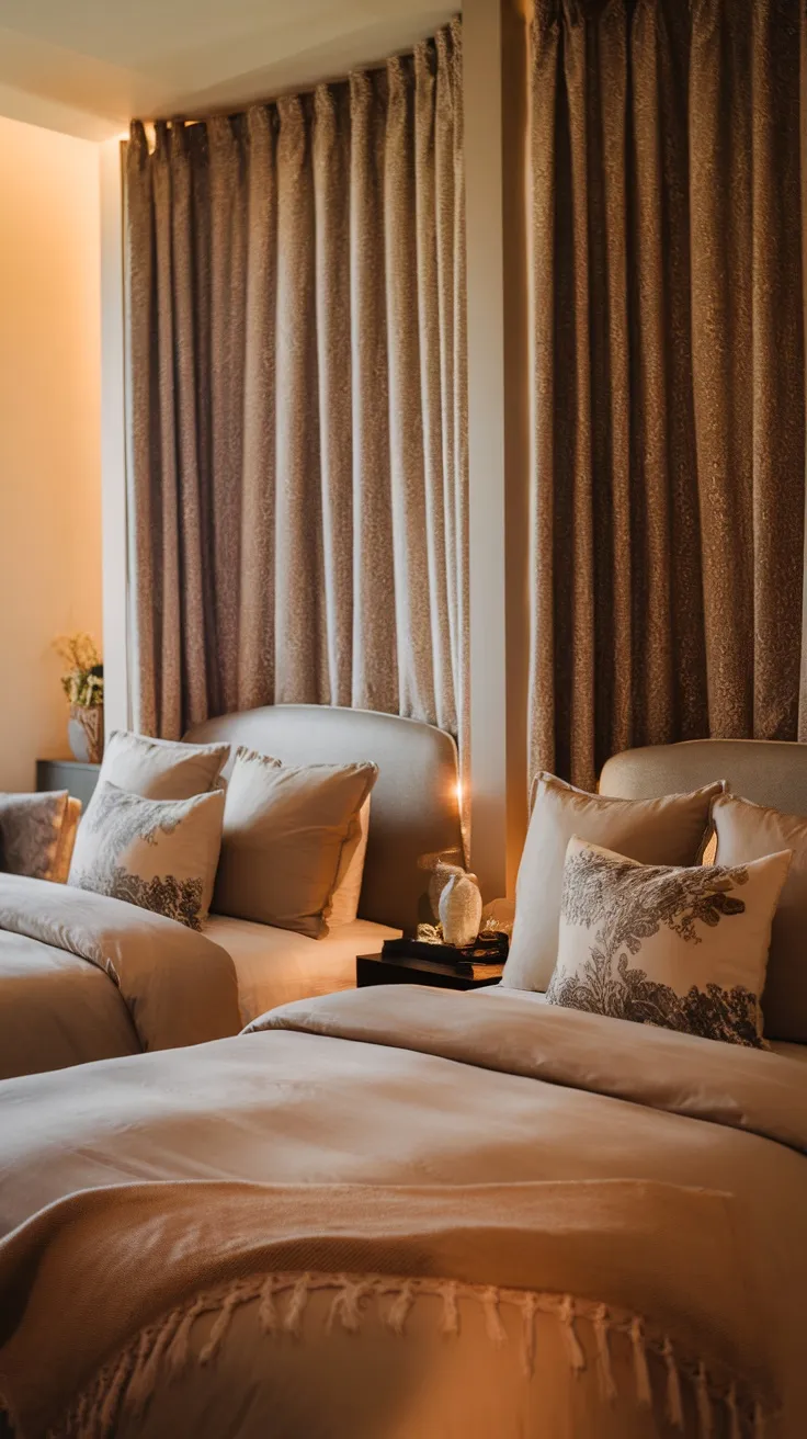 A cozy room with two beds separated by soft curtains for added privacy.