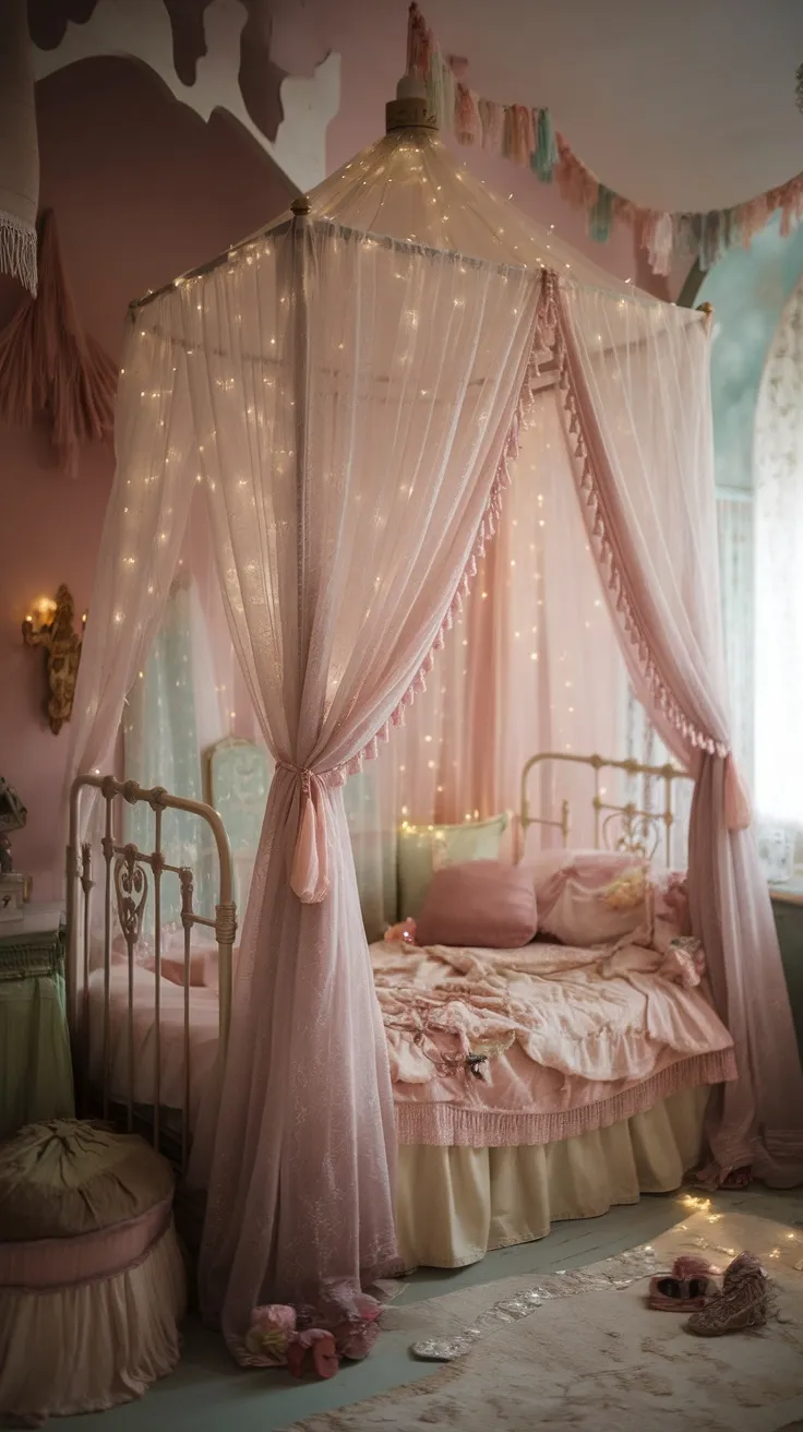 A cozy princess bedroom featuring a canopy bed with sheer pink curtains and decorative pillows.