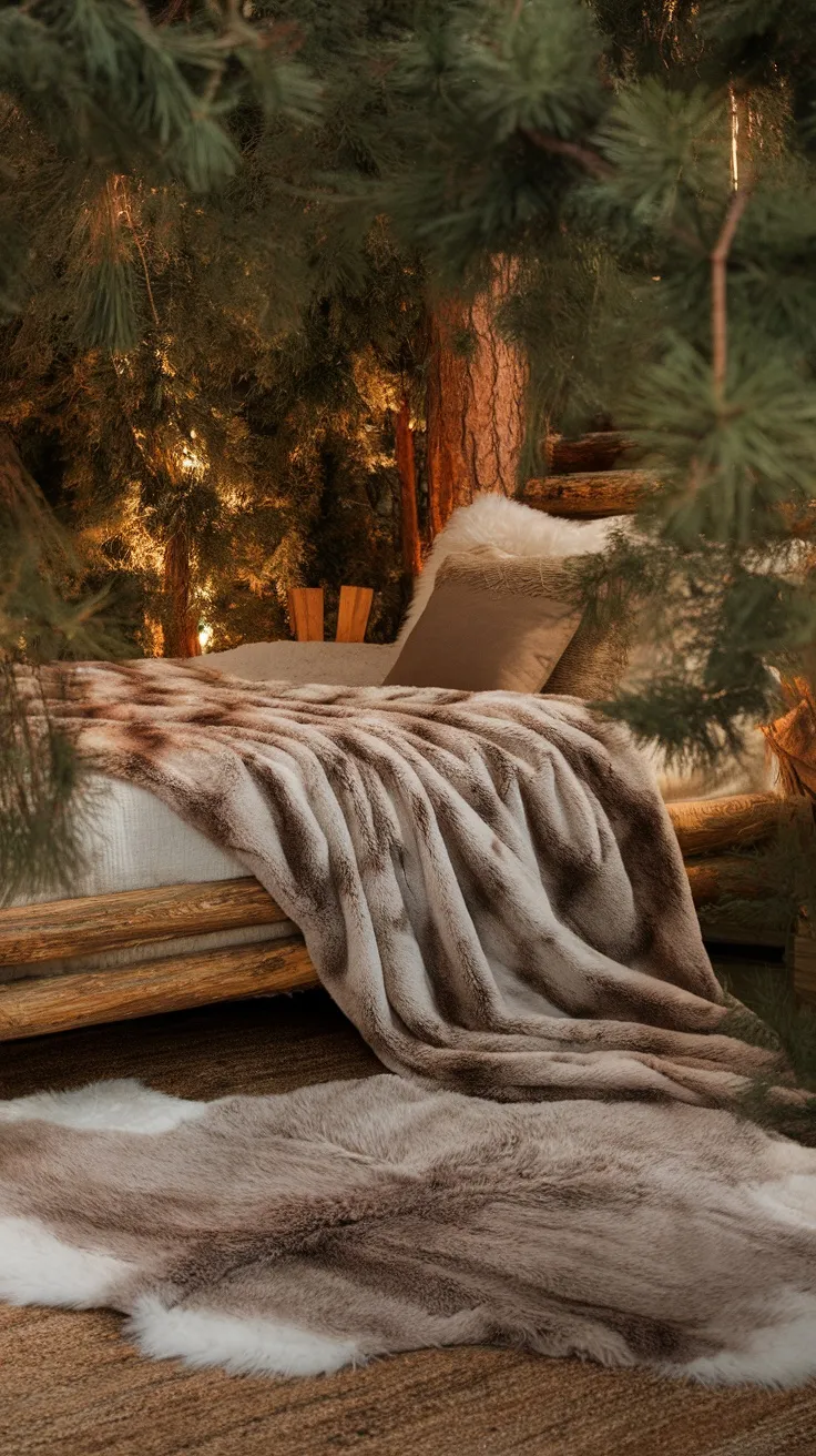 A cozy bedroom featuring a bed with a faux fur blanket and a matching rug, surrounded by a natural wood setting.