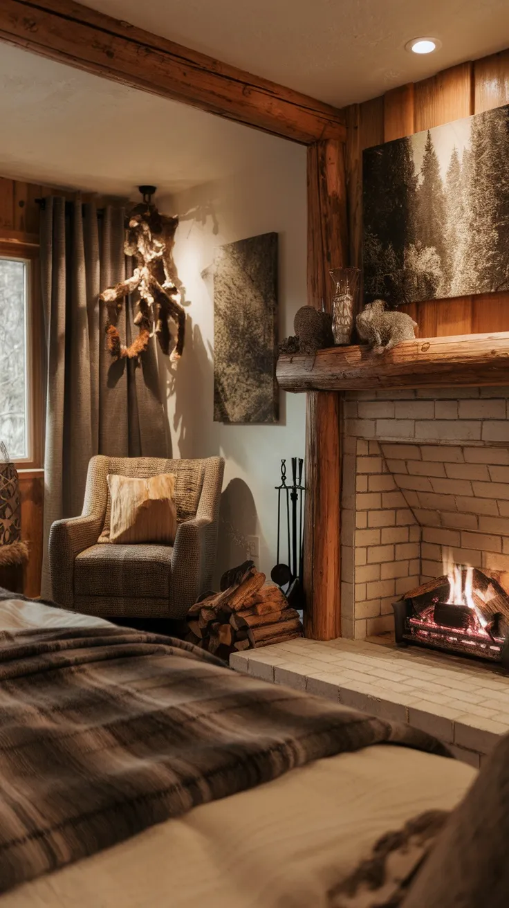 A cozy forest bedroom featuring a stylish fireplace, wooden walls, and a comfy chair.