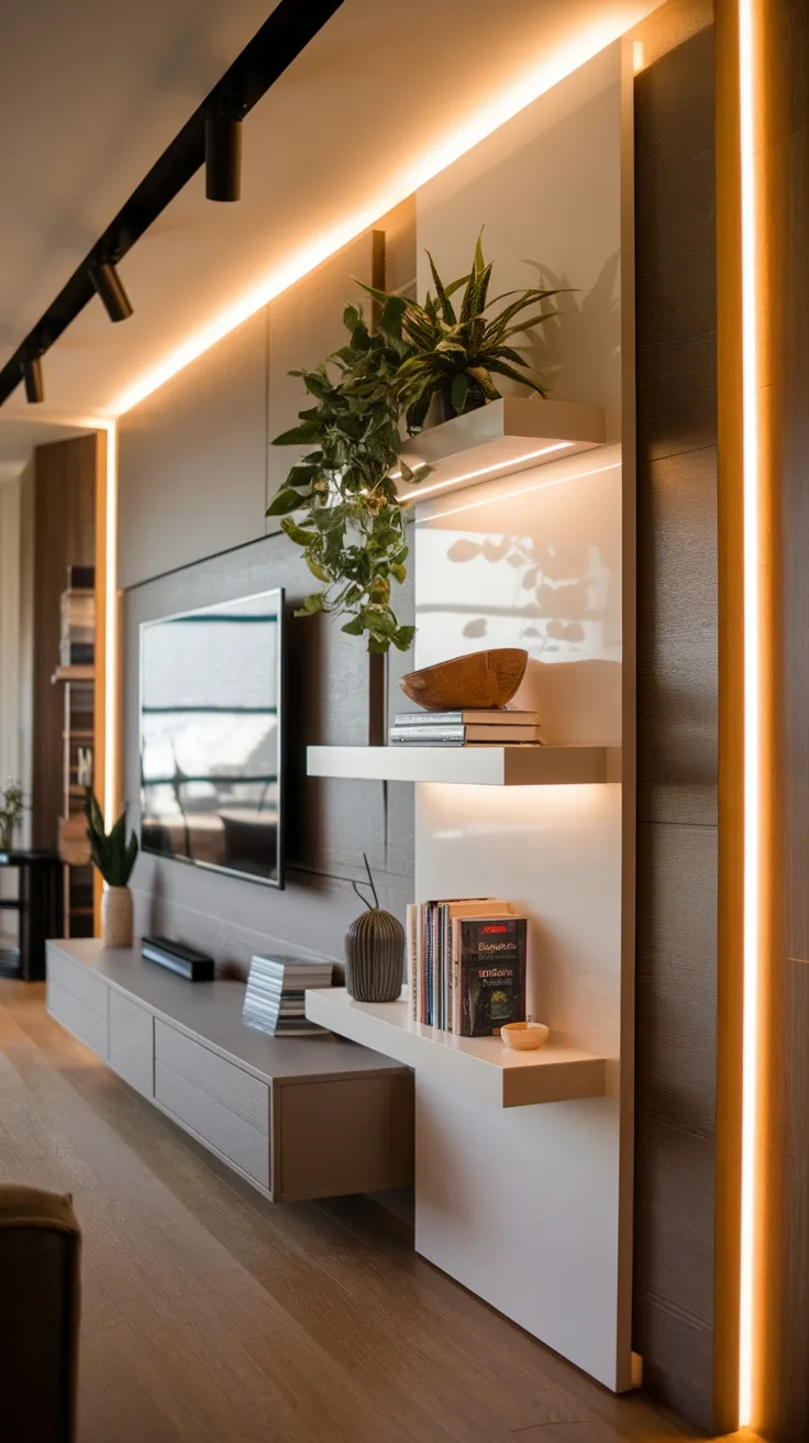 Modern living room with a floating shelf panel featuring plants and books.