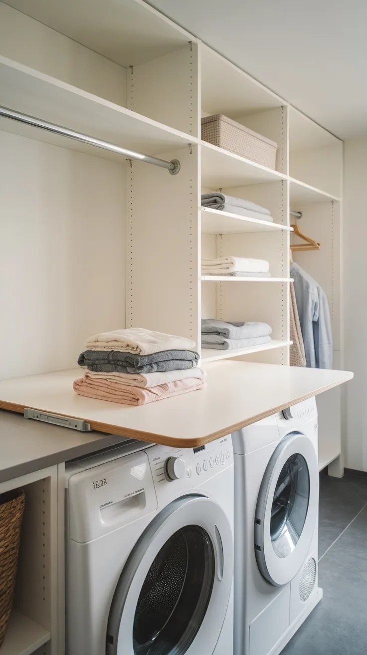 Foldable countertop over a washer and dryer with shelves above
