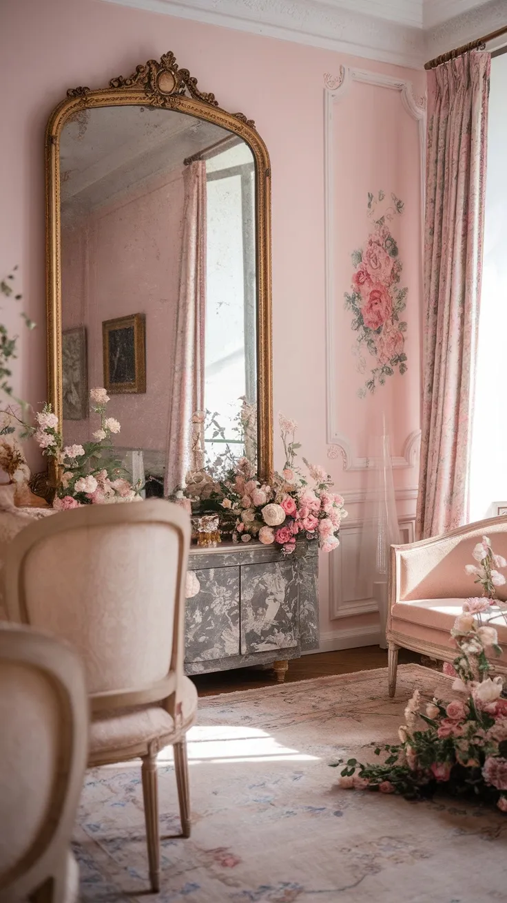 A stylish bedroom with a gold ornate mirror, pink walls, floral decor, and elegant furniture.