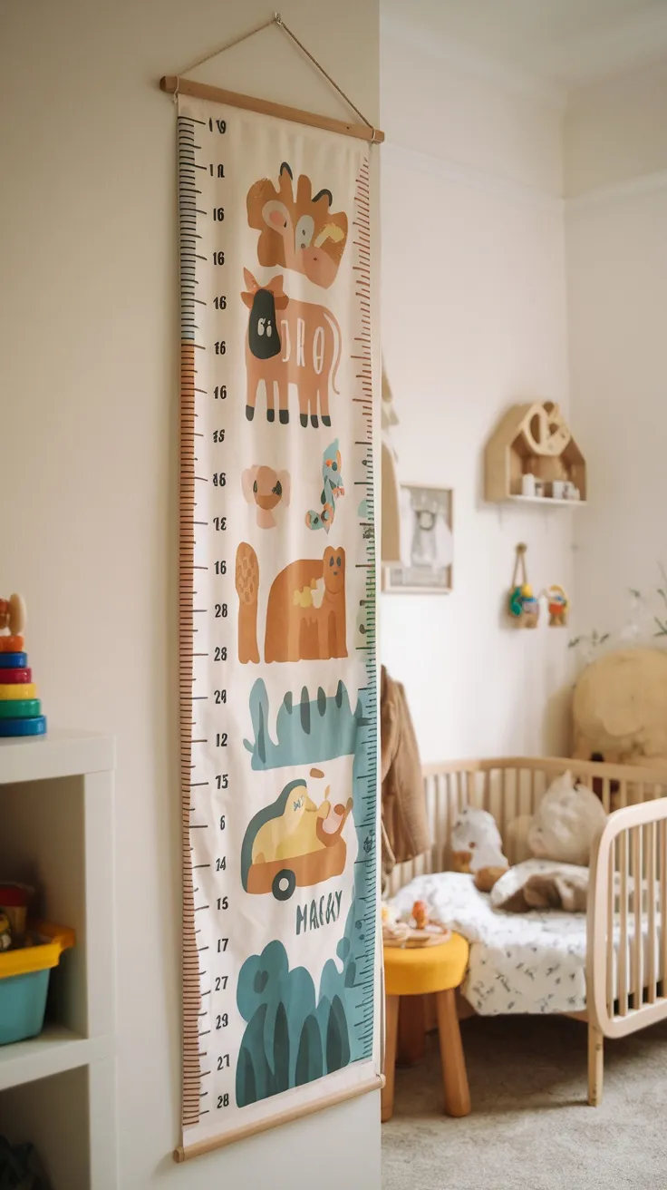 A colorful growth chart with animal illustrations hanging in a toddler's bedroom.