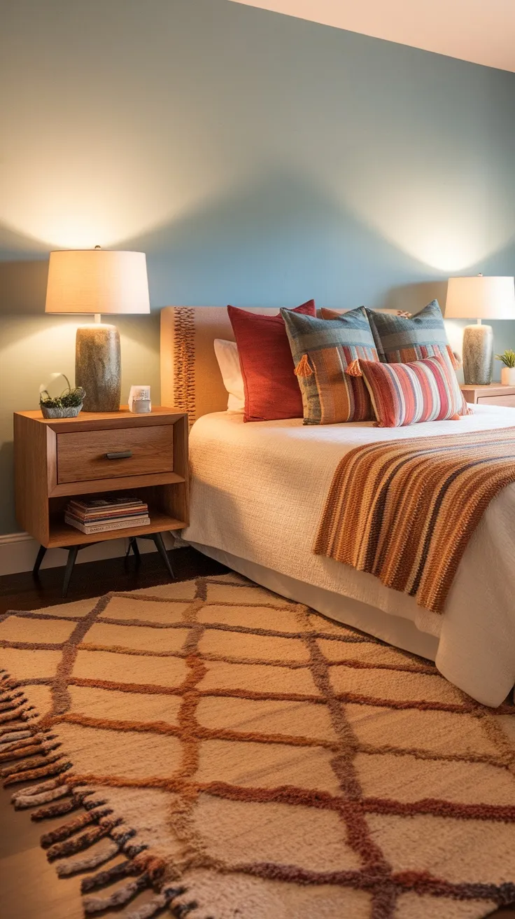 Cozy bedroom with a large area rug, pillows, and warm lighting