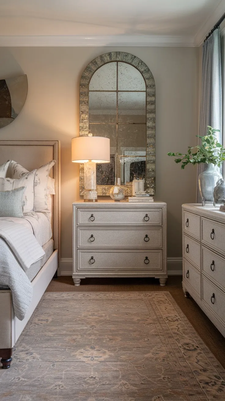 A modern traditional bedroom featuring a large area rug with a subtle pattern