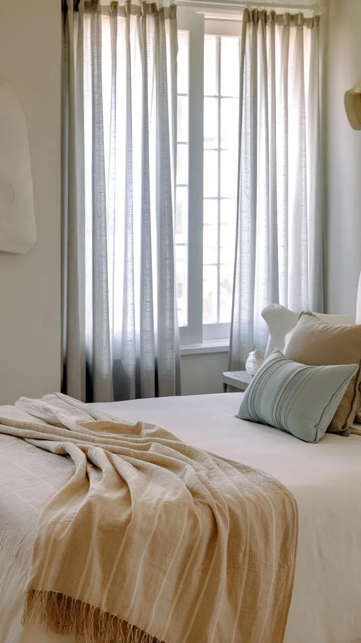A cozy bedroom featuring a lightweight cotton or linen throw blanket draped over the bed, with soft pillows and sheer curtains.