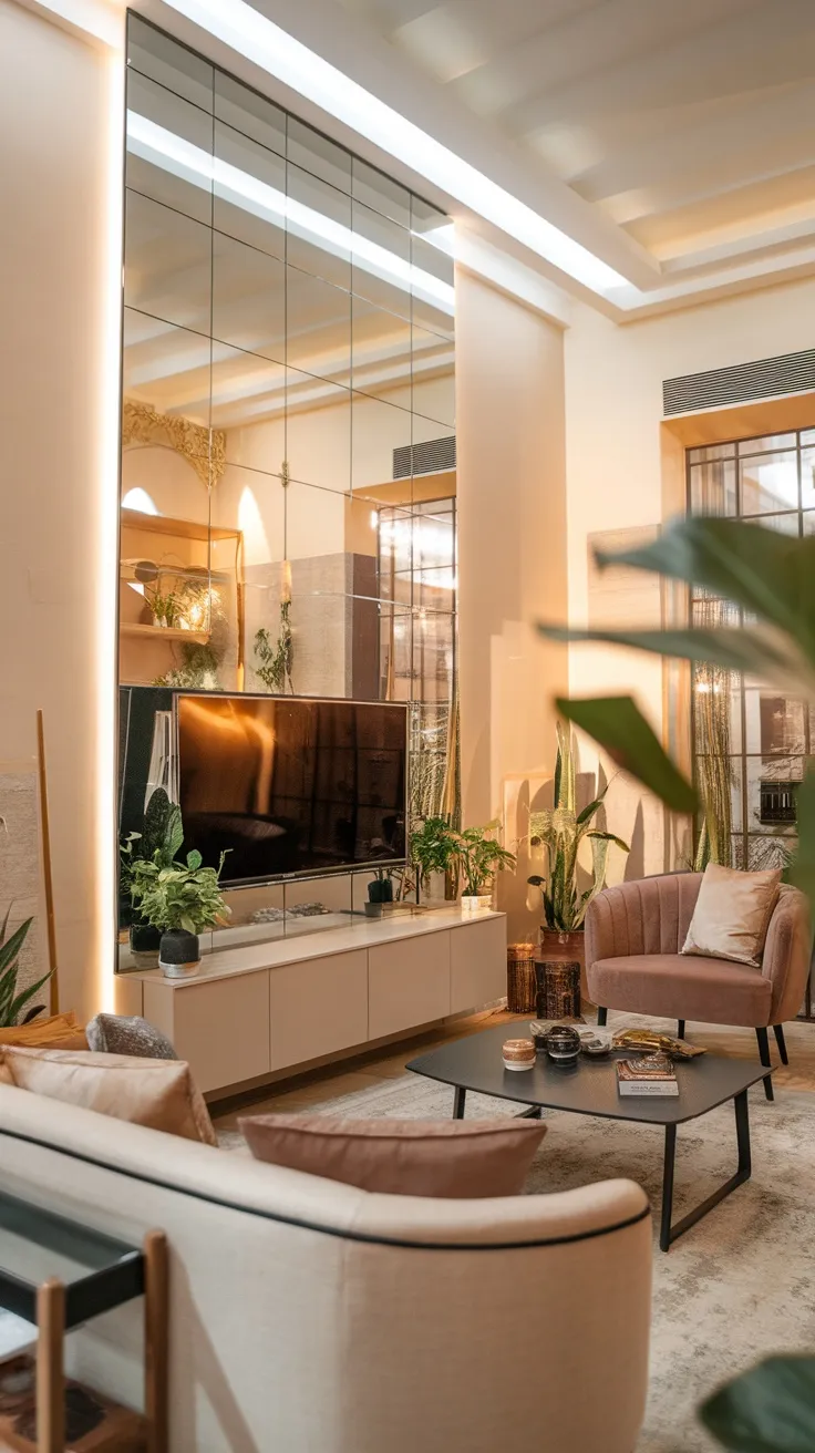 Living room with a stylish mirror panel above the TV, reflecting light and greenery.