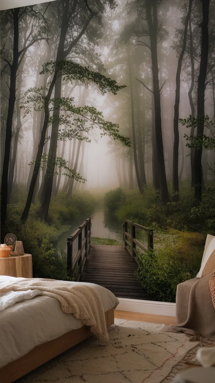 Misty forest mural in a cozy bedroom with wooden decor