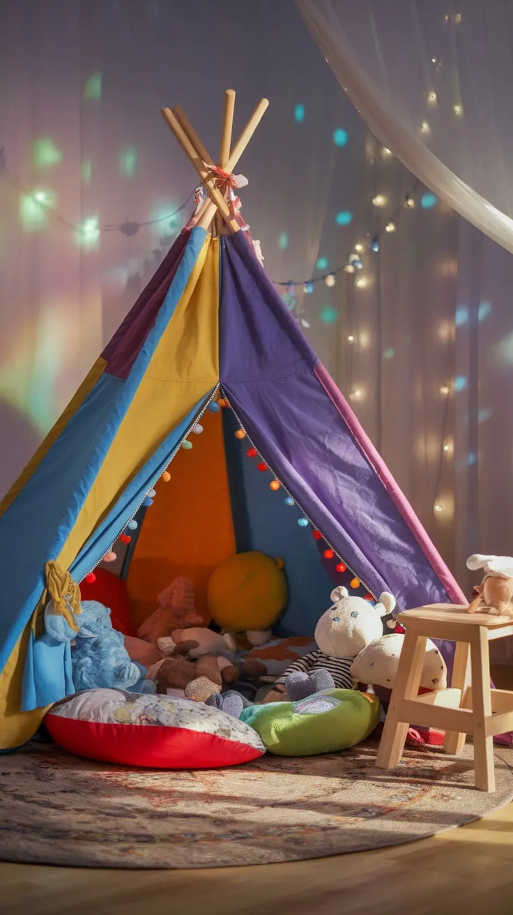 Colorful play tent in a boys bedroom filled with cushions and stuffed animals