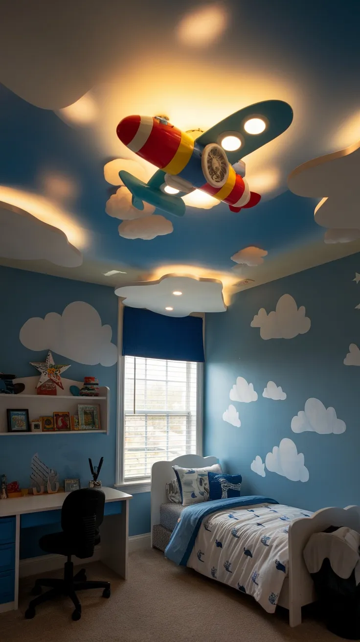 A colorful airplane ceiling light in a toddler boy's bedroom with blue walls and cloud decorations.