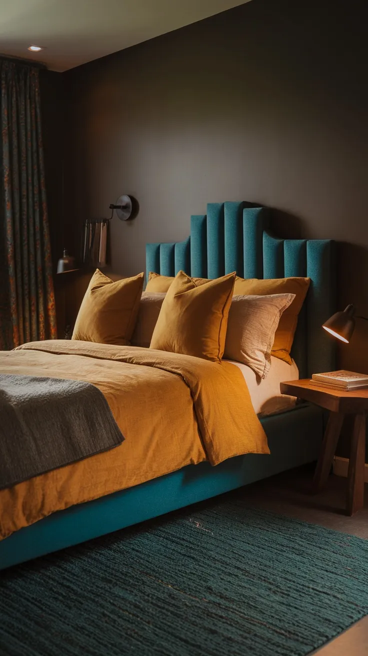 A cozy bedroom with a teal headboard, mustard yellow bedding, and dark brown walls.