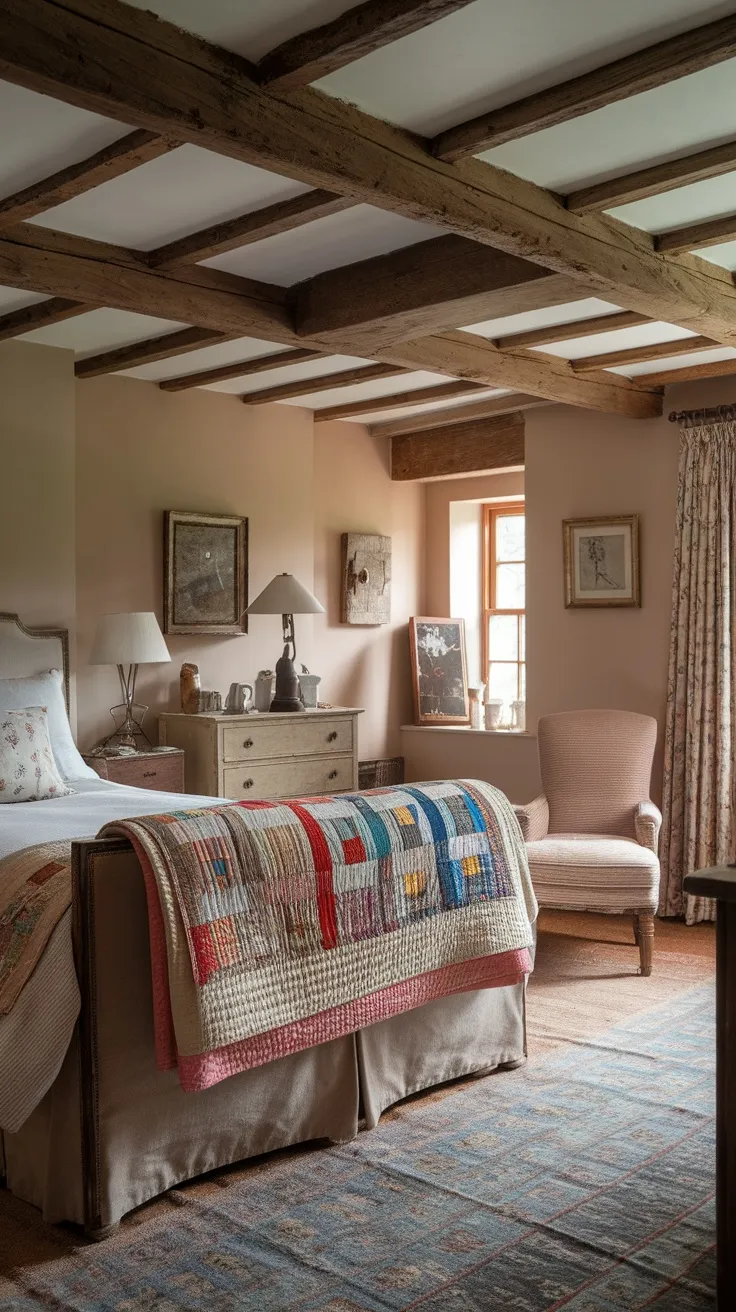 Cozy English cottage bedroom with a colorful quilted throw blanket on the bed