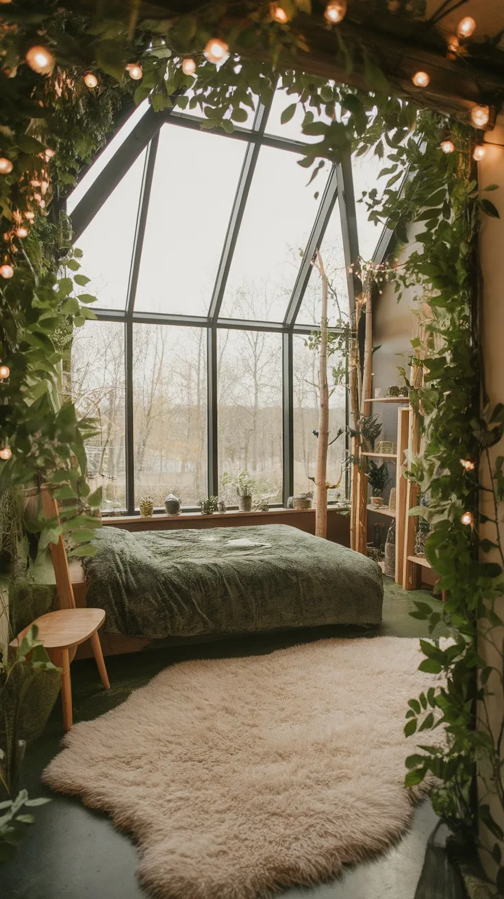 A cozy bedroom with a large window surrounded by greenery, letting in natural light.
