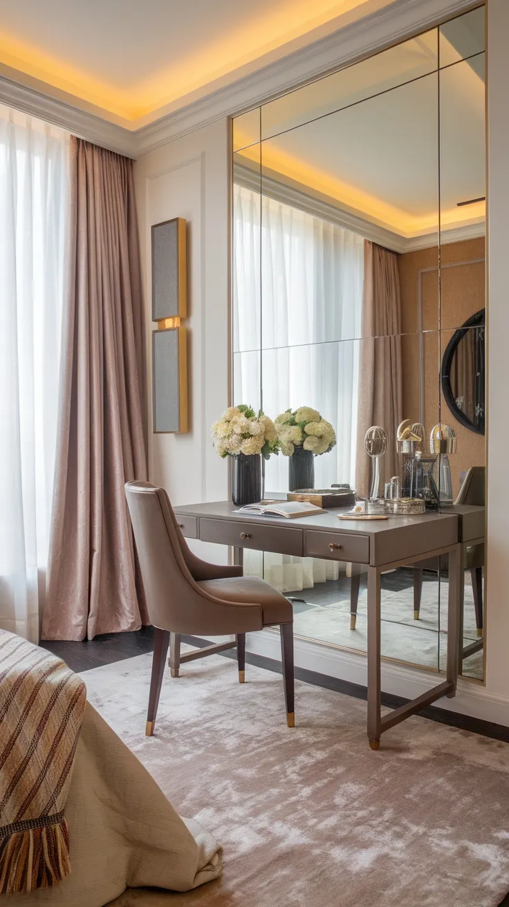 A modern bedroom featuring a sleek writing desk with a mirror behind it, flowers on the desk, and a cozy chair.
