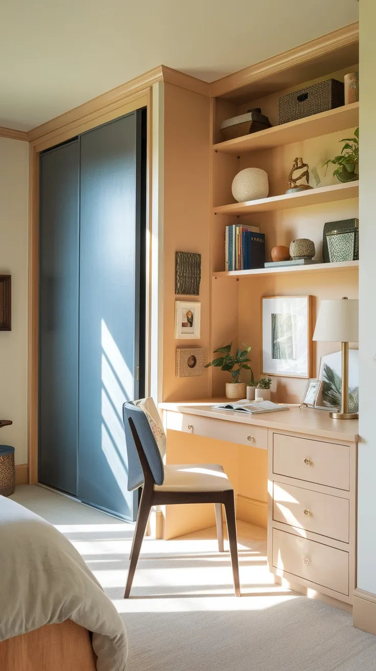 A cozy bedroom with a small built-in desk next to a closet, featuring shelves and decorative items.