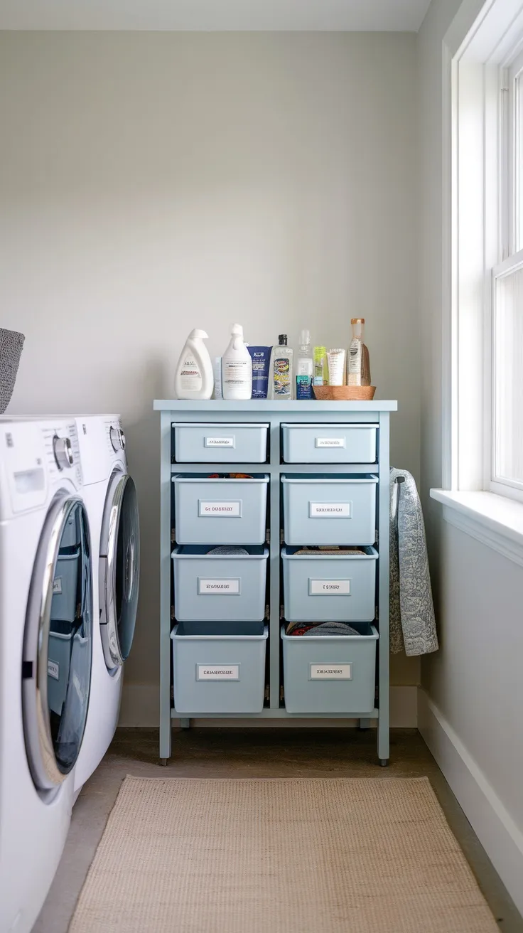 Light blue cabinet with labeled drawers storing cleaning supplies in a laundry room.