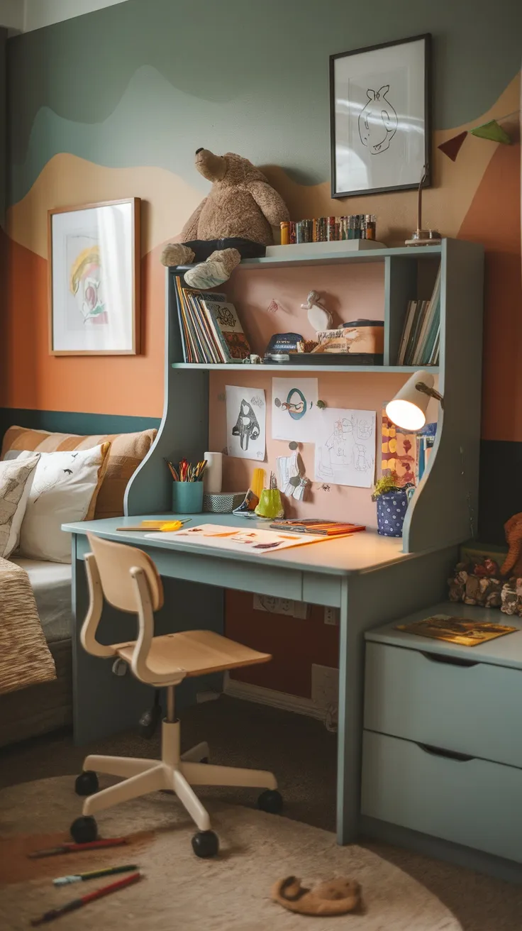 A small desk and chair in a boy's bedroom, surrounded by colorful decorations and drawings.