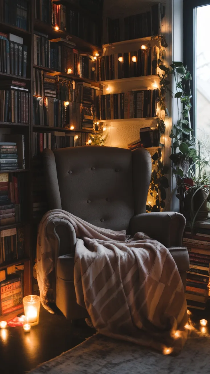Cozy reading nook with a comfy chair, soft blanket, and bookshelves filled with books, illuminated by warm lights.