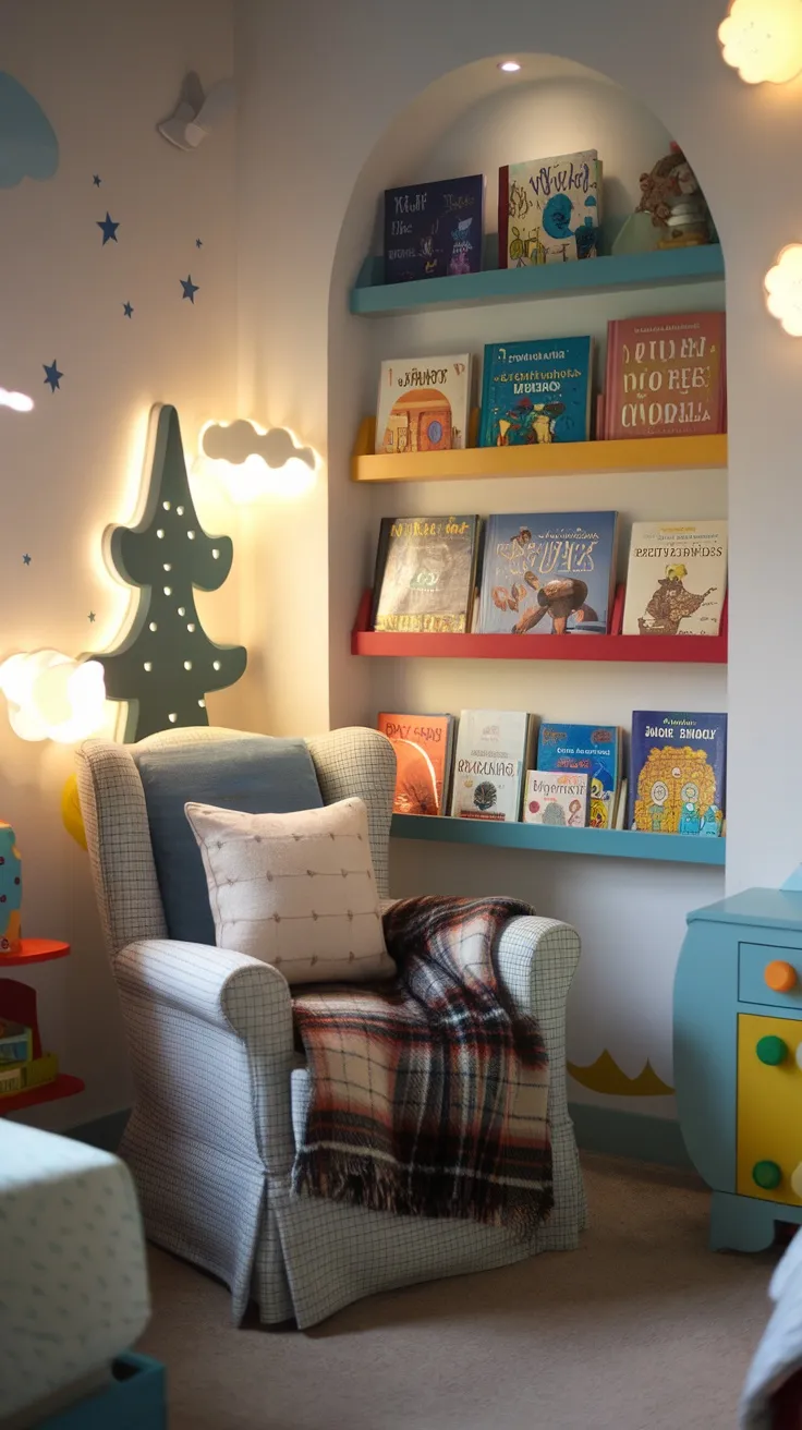 Cozy reading nook with a chair and colorful bookshelf in a child's bedroom.