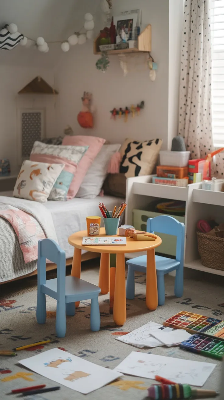 A toddler bedroom featuring a small colorful table and chairs set for drawing and activities, surrounded by art supplies and drawings.