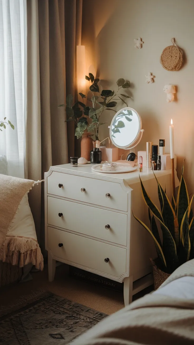 A compact white dresser with a round mirror and beauty products on top, set in a cozy bedroom.