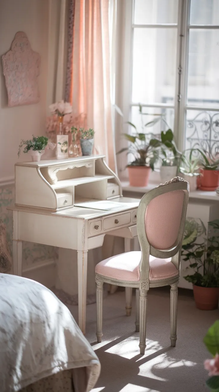 A small vintage writing desk with a pastel chair in a cozy bedroom corner, surrounded by plants and soft sunlight.