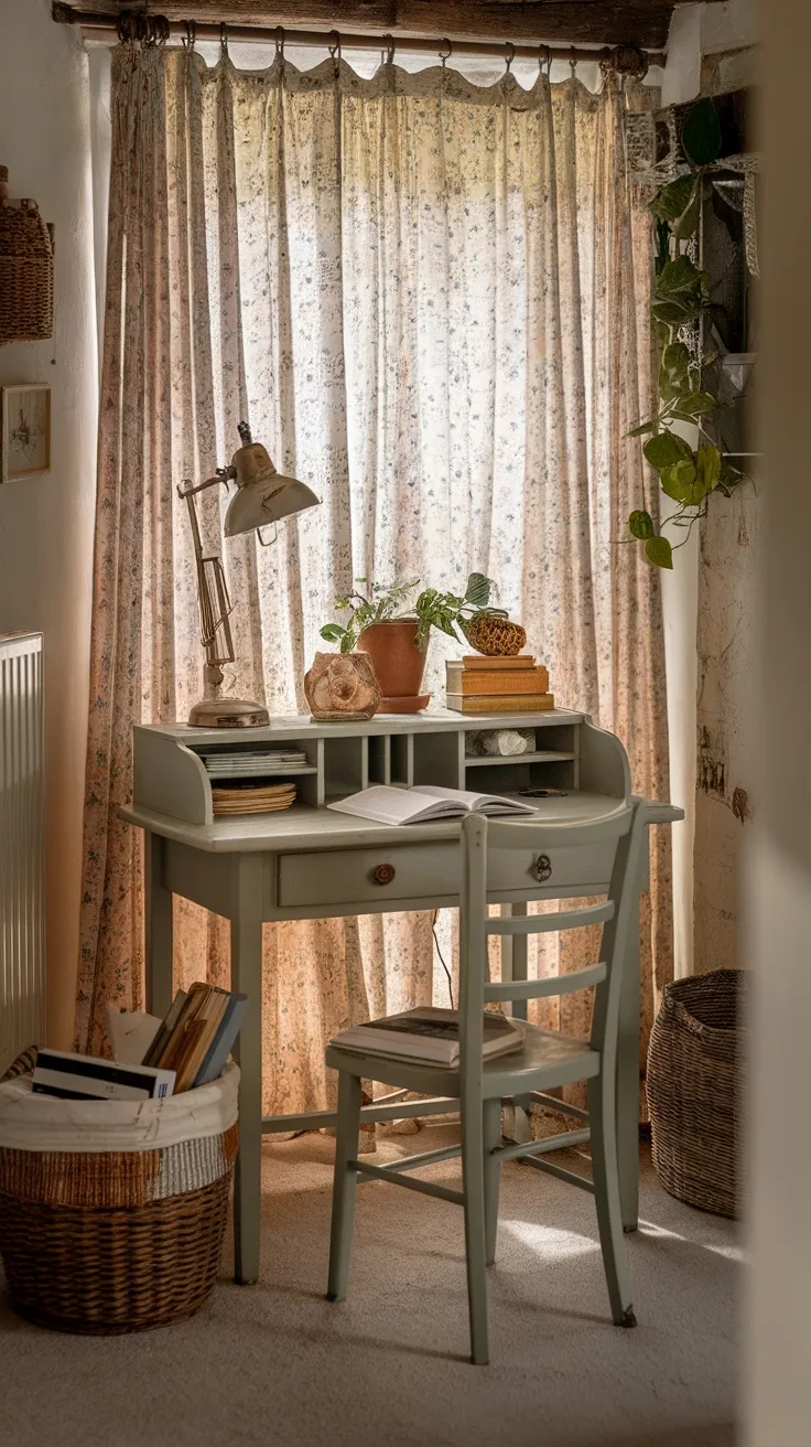 A cozy writing desk with a vintage lamp and floral curtains in a cottage bedroom.