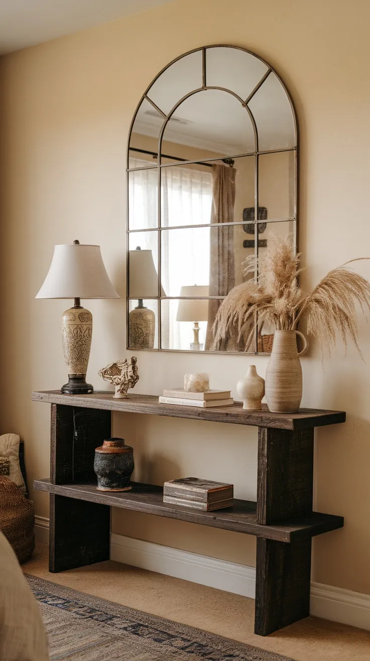A stylish arched mirror above a wooden console table with decorative items.