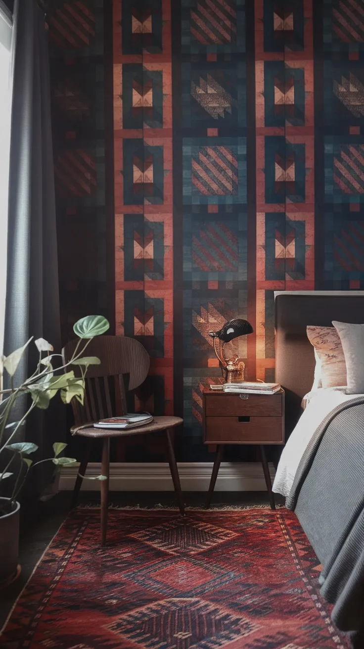 A cozy bedroom featuring bold patterned wallpaper, a wooden chair, a bedside table with a lamp, and a rug.