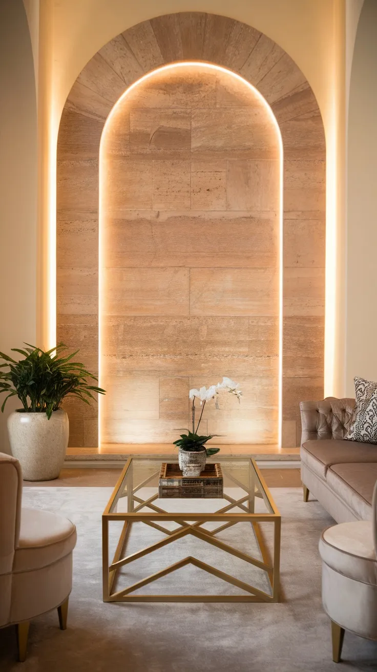 Elegant living room featuring a stone panel wall with soft lighting, a glass coffee table, and a cozy seating area.