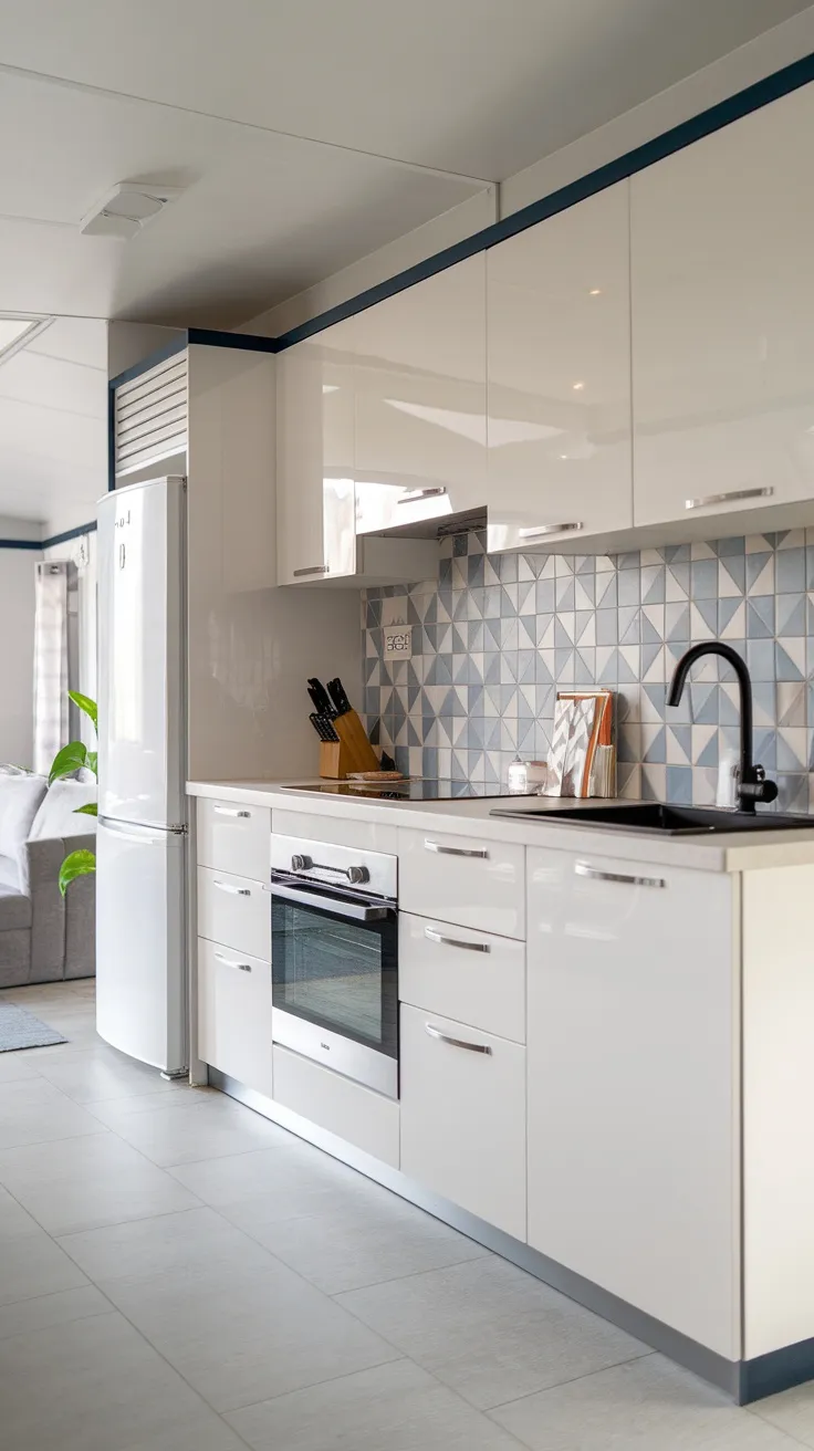 A modern kitchen featuring a stylish geometric backsplash in light blue and white tiles.