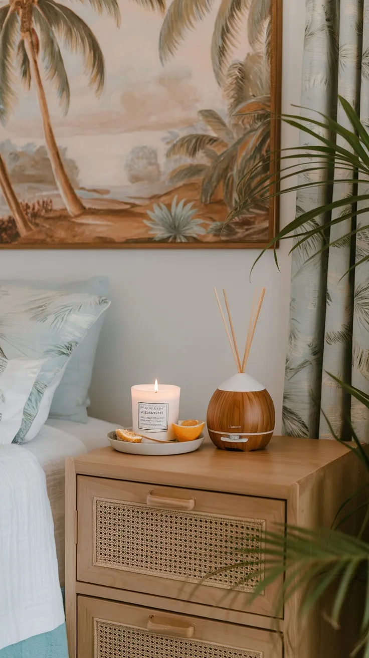 A cozy bedroom setup featuring a scented candle and a diffuser on a nightstand, with a tropical-themed painting in the background.