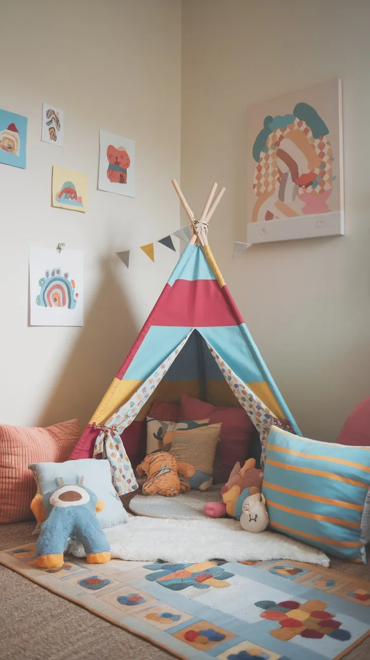 Colorful teepee in a toddler room with cushions and playful decor