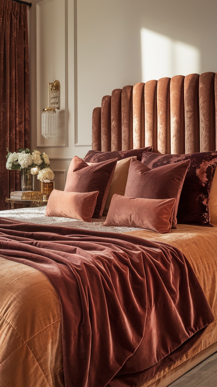 Luxurious bedroom featuring a velvet headboard, rich pillows, and warm tones.