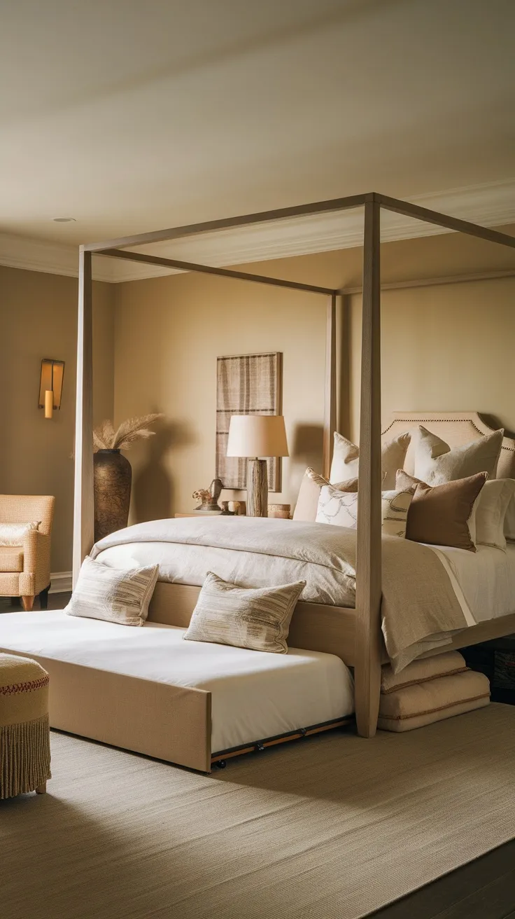 A stylish bedroom with a canopy bed and a trundle bed tucked underneath.