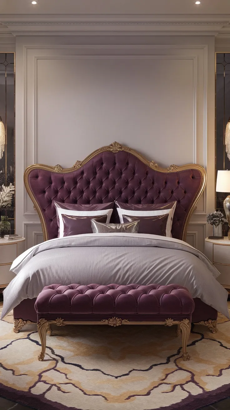 A luxurious bedroom featuring a deep purple tufted headboard with gold accents, complemented by soft bedding and decorative pillows.