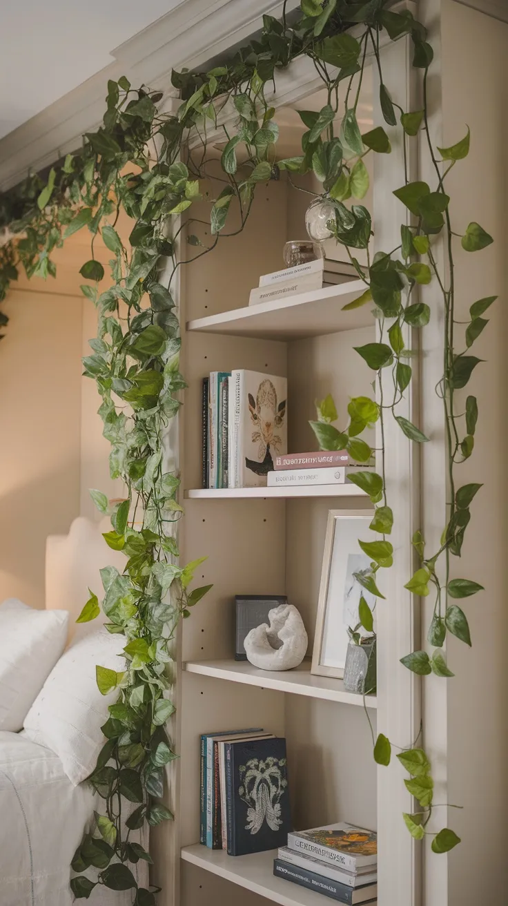 Pothos vine draping over a bookshelf filled with books and decorative items
