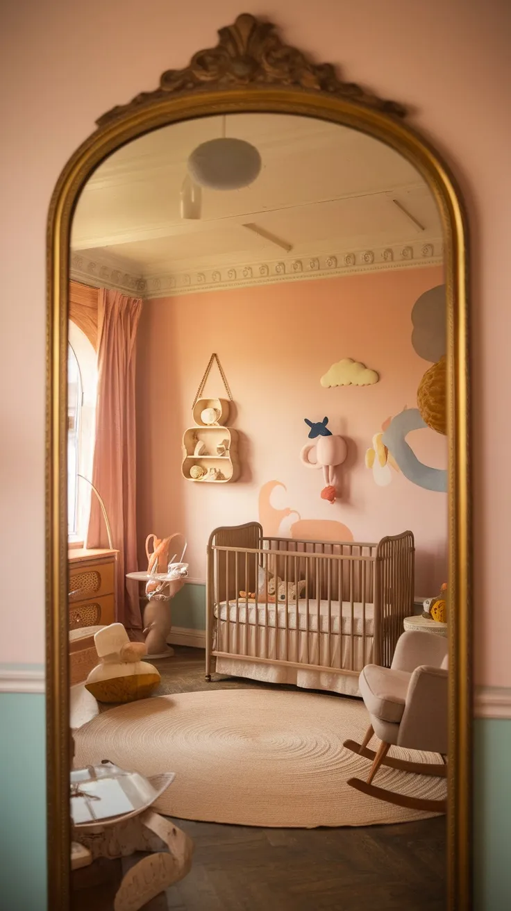 Vintage mirror with a gold frame reflecting a cozy nursery with pink walls and a crib.