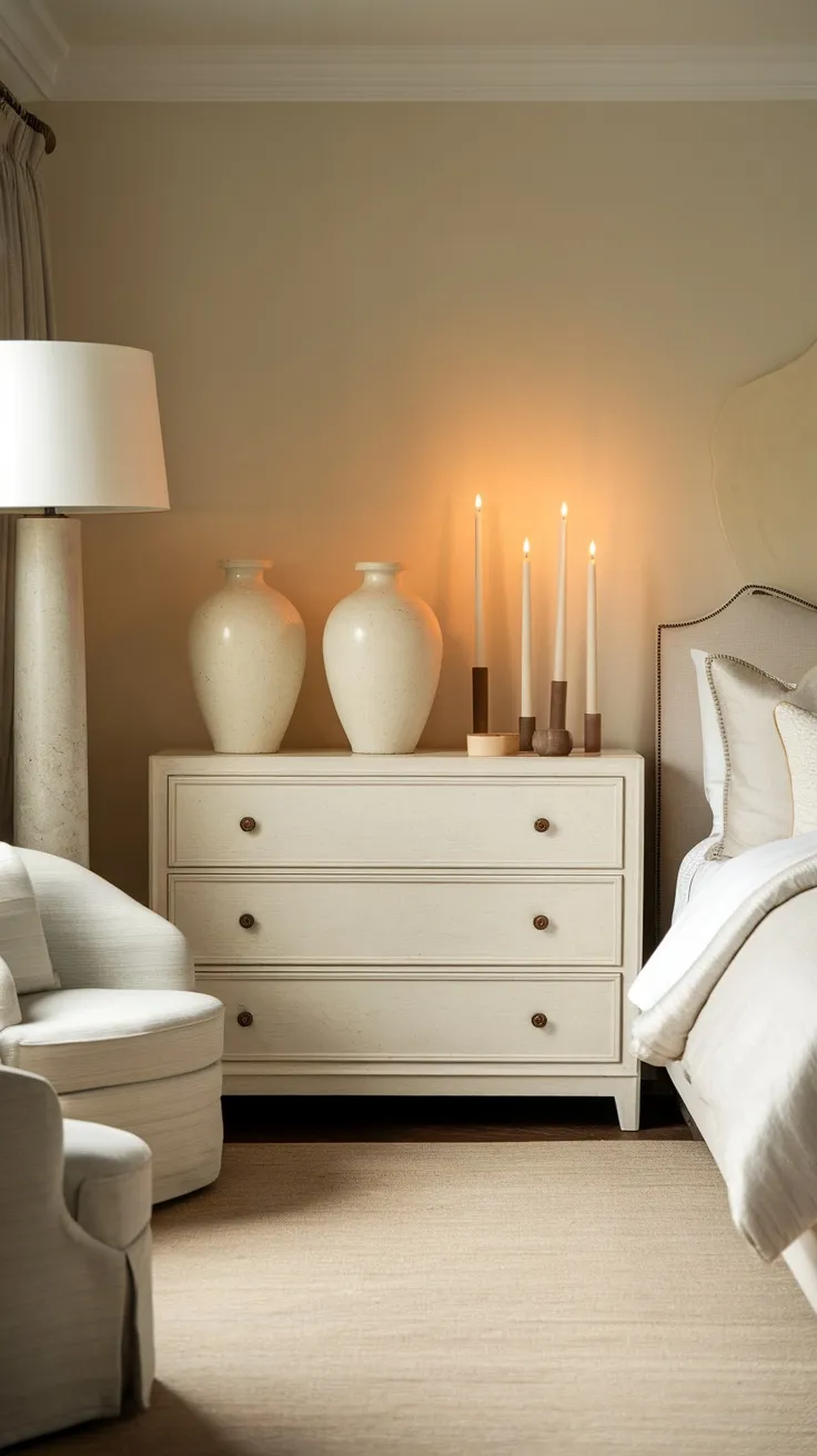 A cozy bedroom featuring a white dresser with cream vases and candles on top, creating a warm atmosphere.