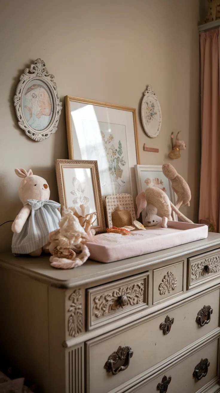 Antique dresser in a nursery with soft toys and framed art on top