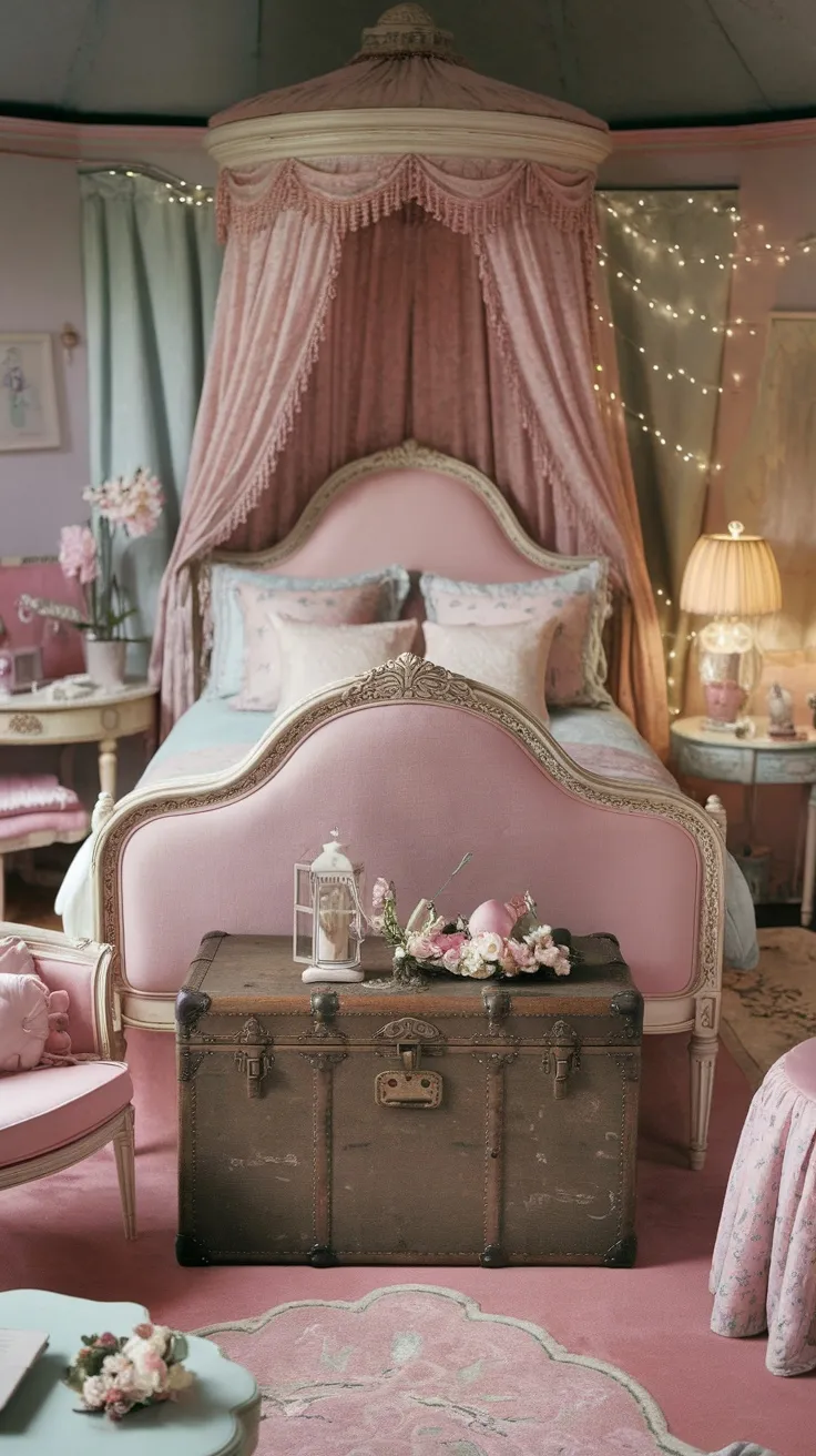 A vintage trunk at the foot of a pink bed in a charming bedroom, decorated with flowers and a lantern.